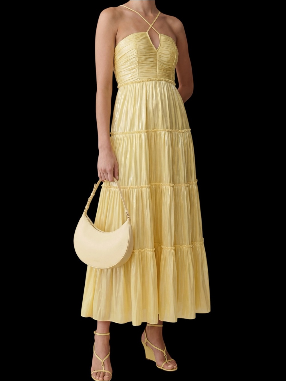 Few Moda o.p.t. Yellow Tiered Maxi Dress Cross-Strap Bodice MWT